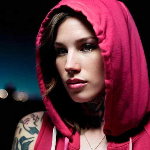 Photo of K8D, (close-up editorial photo of 30 yo woman, wearing unzipped hoodie flashing breasts, looking at viewer, emo hair, solo, tattoo on face, upper body, detailed background, town, alley) (standing:1.2) (dim lit room:1.4) <lora:epi_noiseoffset2:1.2>, POV, by lee jeffries, nikon d850, film stock photograph ,4 kodak portra 400 ,camera f1.6 lens ,rich colors ,hyper realistic ,lifelike texture, dramatic lighting , cinestill 800,