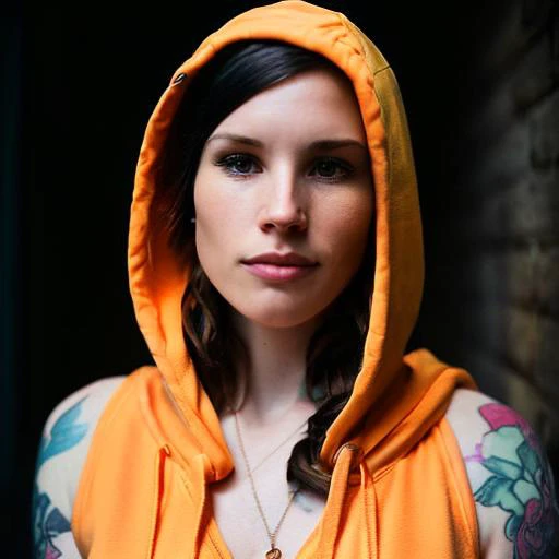 Photo of K8D, (close-up editorial photo of 20 yo woman, wearing unzipped hoodie flashing breasts, looking at viewer, emo hair, solo, tattoo on face, upper body, detailed background, town, alley) (standing:1.2) (dim lit room:1.4) <lora:epi_noiseoffset2:1.2>, POV, by lee jeffries, nikon d850, film stock photograph ,4 kodak portra 400 ,camera f1.6 lens ,rich colors ,hyper realistic ,lifelike texture, dramatic lighting , cinestill 800,