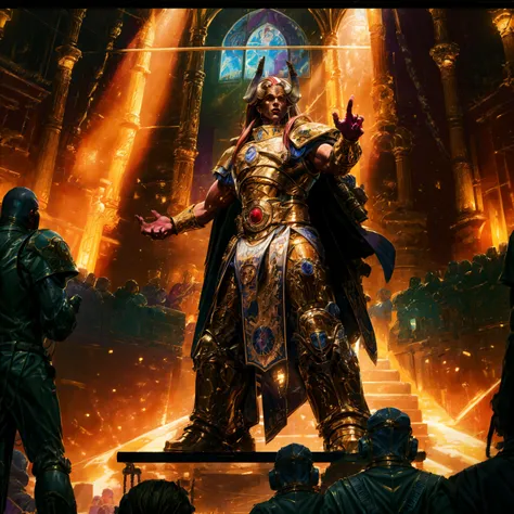 Generate a stunning art style, a true [masterpiece] [best quality] of art. The image showcases [detailed linework], [dynamic shading], and [dramatic lighting], bringing to life a [dreading atmosphere, grim dark coloures] . In the background a [gothic emporum  lecture hall, warhammer 40k] is to be seen in [grand:1.8, high-scale:1.8, panorama:1.8]  from  [from below].
Magnus, solo:1, (male:1) is [ full body view, standing, from above ] in front of a lecture pult.  He is wearing a [stunning intricate ornamented metallic armor,  helmet details, horned_armor:1.8, horned_breast_plate:1.8] with [epic, reflective metal, bronze trimmings, one eye, red skin, red hair, red eye, tall stature, cape].  He is gesticulating with his hands.
<lora:more_details:1>   <lora:Magnus MK1 by CARAXES:0.7>