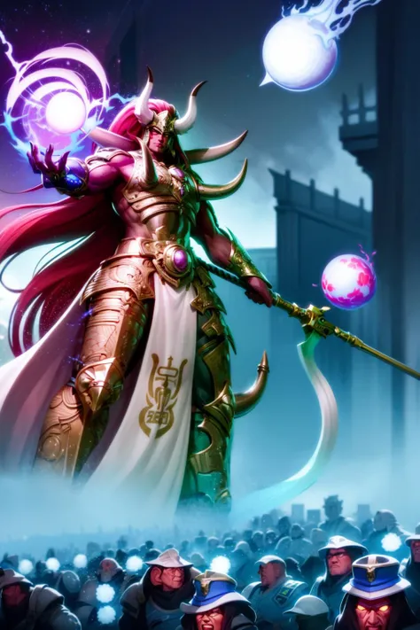 Photo of magnus, wearing intricate ornamented metallic armor, holding staff, horned helmet details, horned armor, multiple horns,
(male:1.2), epic, reflective metal, bronze trimmings, one eye, red skin, red hair, red eye, tall stature,
battle, magic, blue fire, army, in the middle of siege, heavy explosion,
<lora:tool - add_detail:1> <lora:Magnus MK1 by CARAXES:0.7>