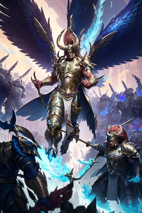 Photo of magnus in full armor, wearing intricate ornamented metallic armor, holding staff, horned helmet details, flying,
(man:1.2), ascended, epic, reflective metal, bronze trimmings, (multiple wings:1.5) details, talons, red skin, red hair, giant,
battle, magic, blue fire, army, in the middle of siege, heavy explosion,
<lora:tool - add_detail:1> <lora:Magnus MK1 by CARAXES:0.7>