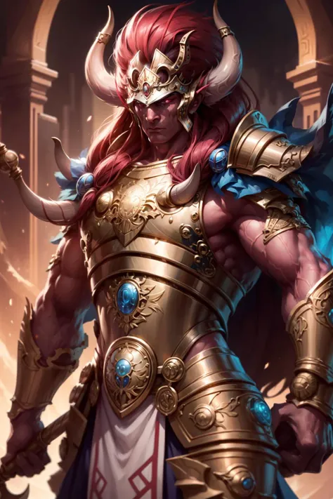 Photo of magnus, wearing intricate ornamented metallic armor, holding staff, horned helmet details, horned armor, multiple horns,
solo, (male:1.2), epic, reflective metal, bronze trimmings, one eye, red skin, red hair, red eye, tall stature,
upper body focus, close-up,
<lora:tool - add_detail:1> <lora:Magnus MK1 by CARAXES:0.7>
