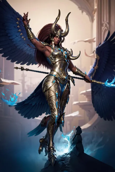 Photo of magnus, wearing intricate ornamented metallic armor, holding staff, horned helmet details, horned armor, flying,
(female:1.2), ascended, epic, reflective metal, bronze trimmings, (multiple wings:1.5) details, talon feet, red skin, red hair, giant, genderbend, genderbend (mtf)
battle, magic, blue fire, army, in the middle of siege, heavy explosion,
<lora:tool - add_detail:1> <lora:Magnus MK1 by CARAXES:0.7>