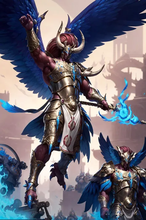 Photo of magnus, wearing intricate ornamented metallic armor, holding staff, horned helmet details, flying,
(man:1.2), ascended, epic, reflective metal, bronze trimmings, (multiple wings:1.5) details, talons, red skin, red hair, giant,
battle, magic, blue fire, army, in the middle of siege, heavy explosion,
<lora:tool - add_detail:1> <lora:Magnus MK1 by CARAXES:0.7>