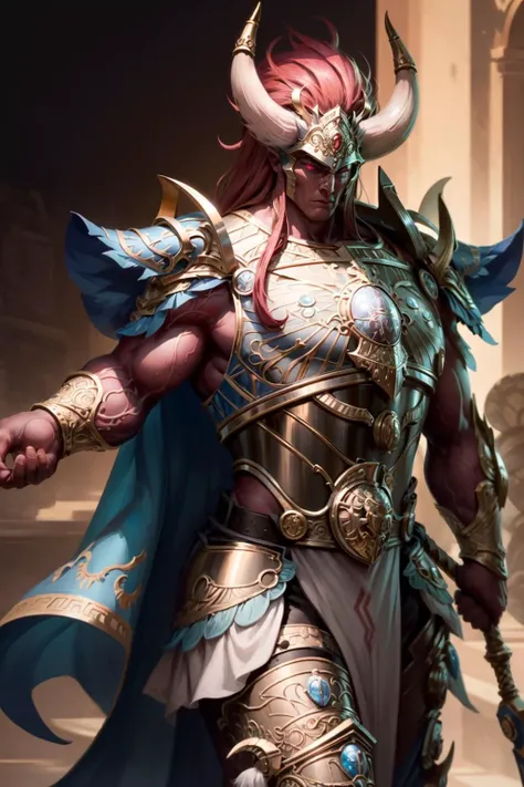 Photo of magnus, wearing intricate ornamented metallic armor, holding staff, horned helmet details, horned armor,
solo, (male:1.2), epic, reflective metal, bronze trimmings, one eye, red skin, red hair, red eye, tall stature,
upper body focus, close-up,
<lora:tool - add_detail:1> <lora:Magnus MK1 by CARAXES:0.7>