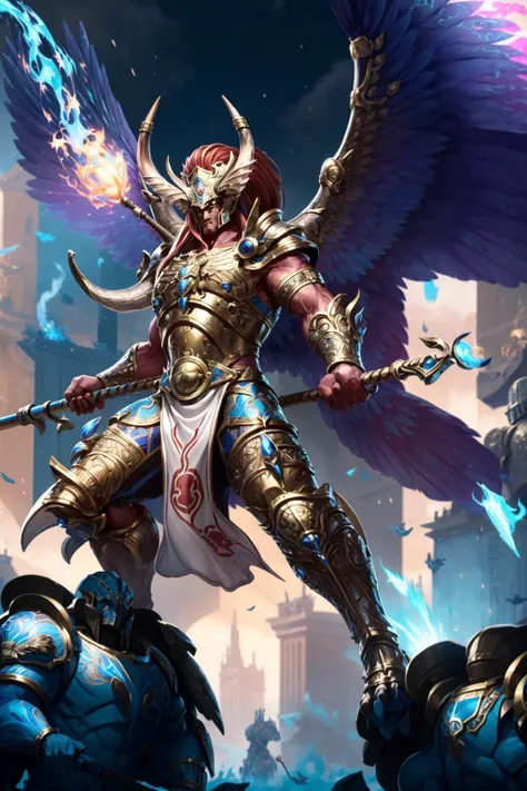 Photo of magnus, wearing intricate ornamented metallic armor, holding staff, horned helmet details, horned armor, flying,
(man:1.2), ascended, epic, reflective metal, bronze trimmings, (multiple wings:1.5) details, talon feet, red skin, red hair, giant,
battle, magic, blue fire, army, in the middle of siege, heavy explosion,
<lora:tool - add_detail:1> <lora:Magnus MK1 by CARAXES:0.7>