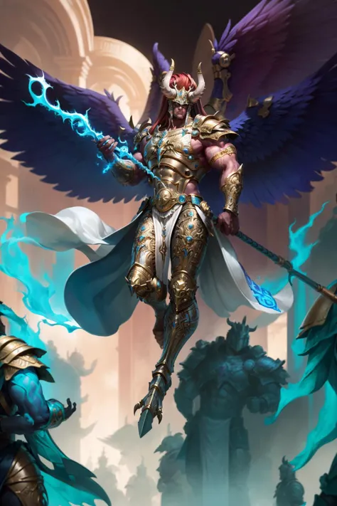 Photo of magnus, wearing intricate ornamented metallic armor, holding staff, horned helmet details, horned armor, flying,
(man:1.2), ascended, epic, reflective metal, bronze trimmings, (multiple wings:1.5) details, talon feet, red skin, red hair, giant, tall stature,
solo, upper body focus, bird legs, muscular, manly,
<lora:tool - add_detail:1> <lora:Magnus MK1 by CARAXES:0.7>