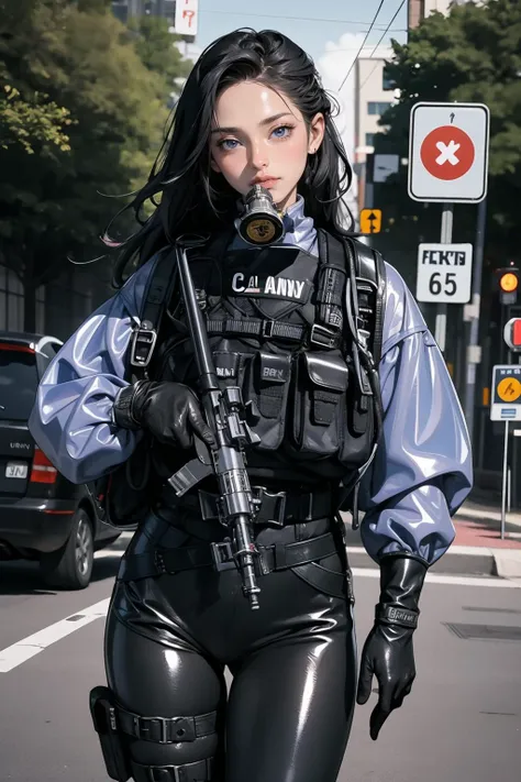 solo,1Girl,standing split,,ruanyi0524,backpack,belt,bulletproof vest,gas mask,gloves,tactical clothes,cowboy shot,outdoors,street,road sign,thigh gap,<lora:0524 navy tactical uniform_v1:0.9>, best quality,masterpiece,highres,official art,extremely detailed cg unity 8k wallpaper, ( glossy shiny skin:1.2),(latex skin:1.2),