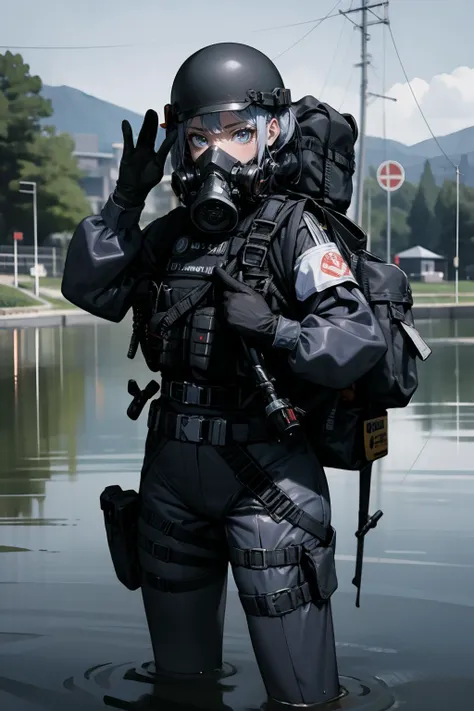 solo,1Girl,standing split,ruanyi0524,backpack,belt,bulletproof vest,gas mask,helmet,gloves,tactical clothes,cowboy shot,outdoors,thigh gap,in water,lake,respirator,lower body in water,,<lora:0524 navy tactical uniform_v1:0.9>, best quality,masterpiece,highres,official art,extremely detailed cg unity 8k wallpaper