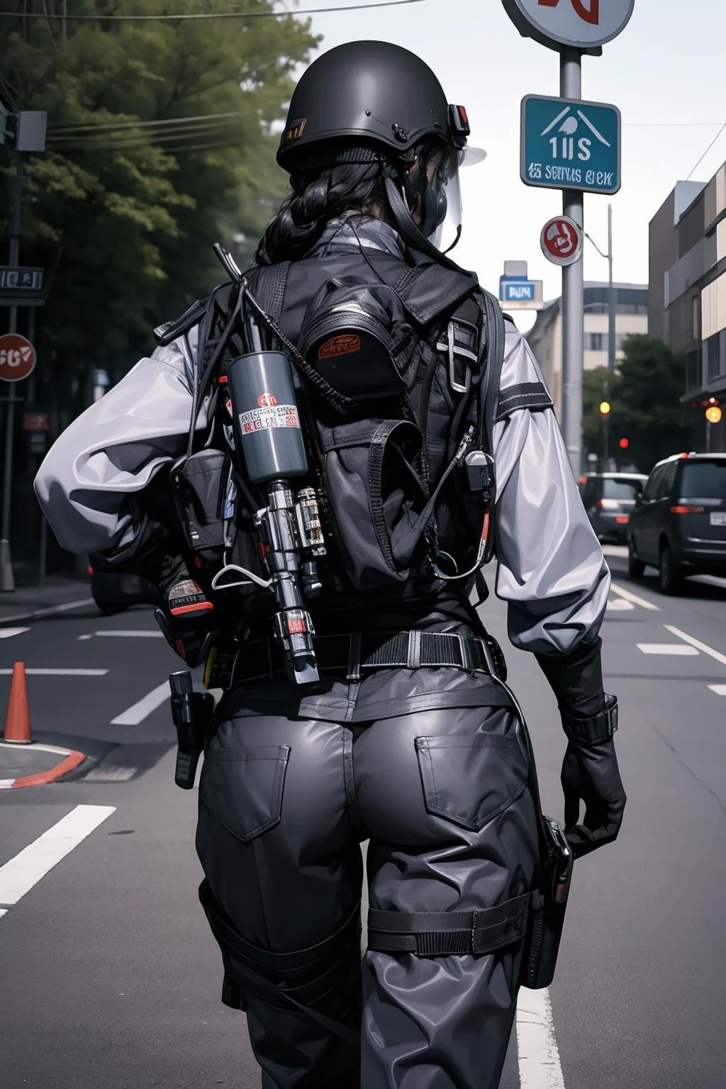 solo,1Girl,standing split,,ruanyi0524,backpack,belt,bulletproof vest,gas mask,gloves,tactical clothes,cowboy shot,outdoors,street,road sign,thigh gap,from behind,<lora:0524 navy tactical uniform_v1:0.9>, best quality,masterpiece,highres,official art,extremely detailed cg unity 8k wallpaper