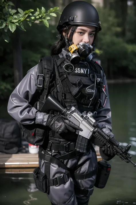 solo,1Girl,standing split,,ruanyi0524,backpack,belt,bulletproof vest,gas mask,helmet,gloves,tactical clothes,cowboy shot,outdoors,thigh gap,in water,lake,respirator,lower body in water,<lora:0524 navy tactical uniform_v1:0.9>, best quality,masterpiece,highres,official art,extremely detailed cg unity 8k wallpaper