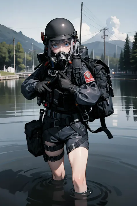 solo,1Girl,standing split,ruanyi0524,backpack,belt,bulletproof vest,gas mask,helmet,gloves,tactical clothes,cowboy shot,outdoors,thigh gap,in water,lake,respirator,lower body in water,,<lora:0524 navy tactical uniform_v1:0.9>, best quality,masterpiece,highres,official art,extremely detailed cg unity 8k wallpaper