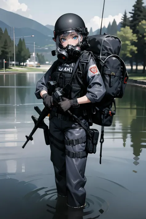 solo,1Girl,standing split,ruanyi0524,backpack,belt,bulletproof vest,gas mask,helmet,gloves,tactical clothes,cowboy shot,outdoors,thigh gap,in water,lake,respirator,lower body in water,,squatting,<lora:0524 navy tactical uniform_v1:0.9>, best quality,masterpiece,highres,official art,extremely detailed cg unity 8k wallpaper