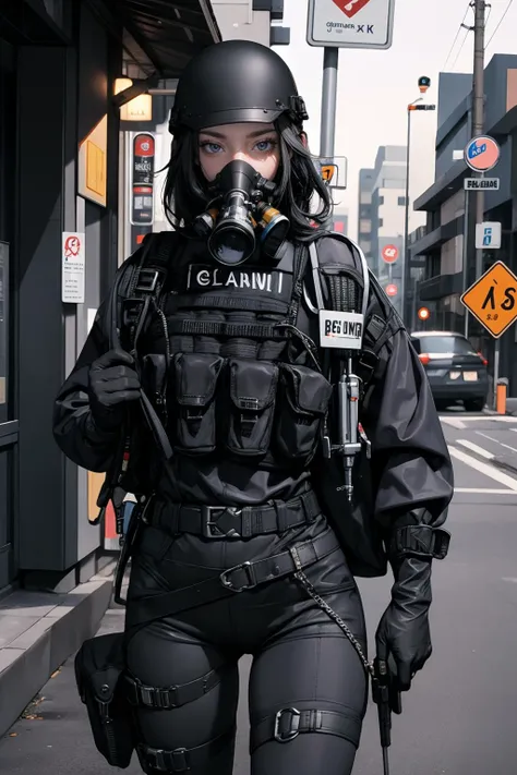 solo,1Girl,standing split,,ruanyi0524,backpack,belt,bulletproof vest,gas mask,gloves,tactical clothes,cowboy shot,outdoors,street,road sign,thigh gap,<lora:0524 navy tactical uniform_v1:0.9>, best quality,masterpiece,highres,official art,extremely detailed cg unity 8k wallpaper