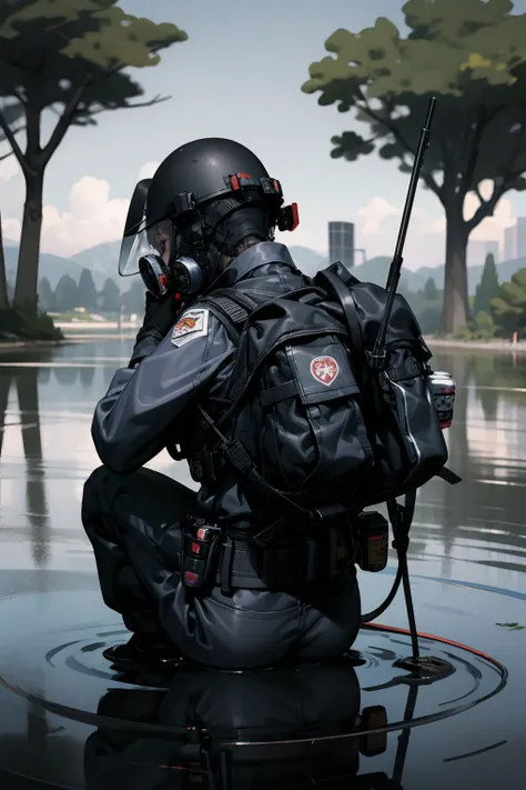 solo,1Girl,ruanyi0524,backpack,belt,bulletproof vest,gas mask,helmet,gloves,tactical clothes,cowboy shot,outdoors,in water,lake,respirator,lower body in water,,squatting,from behind,oxygen cylinder,<lora:0524 navy tactical uniform_v1:0.9>, best quality,masterpiece,highres,official art,extremely detailed cg unity 8k wallpaper