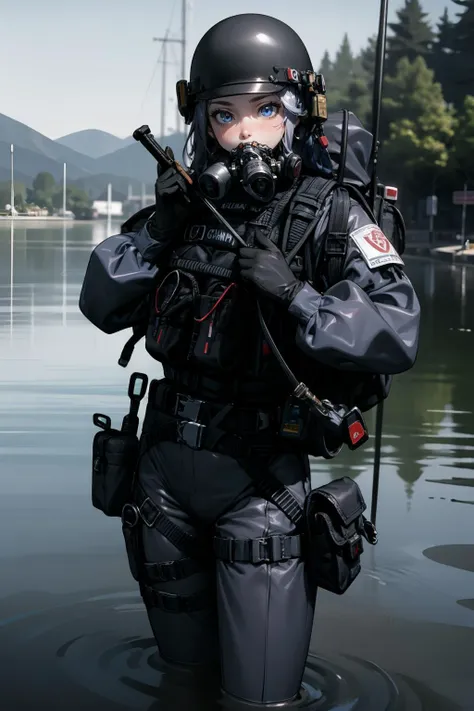 solo,1Girl,standing split,ruanyi0524,backpack,belt,bulletproof vest,gas mask,helmet,gloves,tactical clothes,cowboy shot,outdoors,thigh gap,in water,lake,respirator,lower body in water,,<lora:0524 navy tactical uniform_v1:0.9>, best quality,masterpiece,highres,official art,extremely detailed cg unity 8k wallpaper