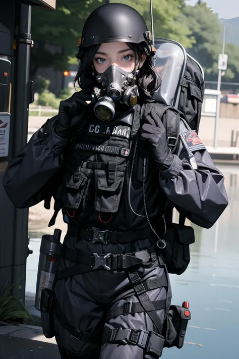 solo,1Girl,standing split,,ruanyi0524,backpack,belt,bulletproof vest,gas mask,helmet,gloves,tactical clothes,cowboy shot,outdoors,thigh gap,in water,lake,respirator,glass mask,<lora:0524 navy tactical uniform_v1:0.9>, best quality,masterpiece,highres,official art,extremely detailed cg unity 8k wallpaper