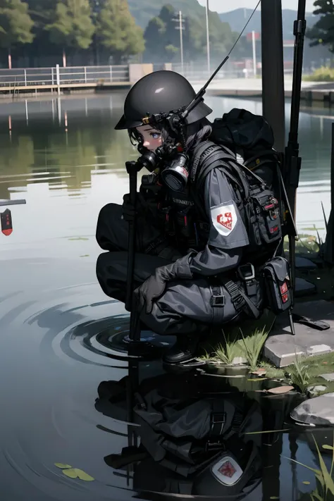 solo,1Girl,ruanyi0524,backpack,belt,bulletproof vest,gas mask,helmet,gloves,tactical clothes,cowboy shot,outdoors,in water,lake,respirator,lower body in water,,squatting,<lora:0524 navy tactical uniform_v1:0.9>, best quality,masterpiece,highres,official art,extremely detailed cg unity 8k wallpaper