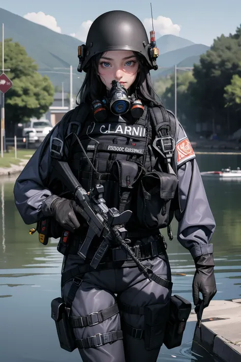 solo,1Girl,standing split,,ruanyi0524,backpack,belt,bulletproof vest,gas mask,helmet,gloves,tactical clothes,cowboy shot,outdoors,thigh gap,in water,lake,<lora:0524 navy tactical uniform_v1:0.9>, best quality,masterpiece,highres,official art,extremely detailed cg unity 8k wallpaper