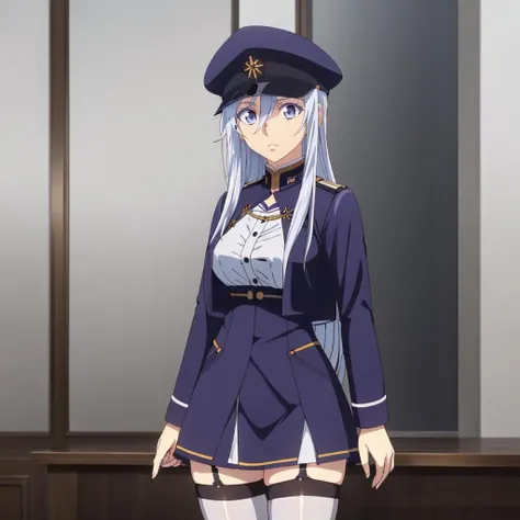 masterpiece,highres,high quality,extremely detailed,solo,
<lora:VladilenaMilize001:0.7>,looking at viewer,
VladilenaMilize,1girl,
military hat,
jacket,shirt,dress shirt,
blue skirt,
zettai ryouiki,white_thighhighs,
cowboy shot,