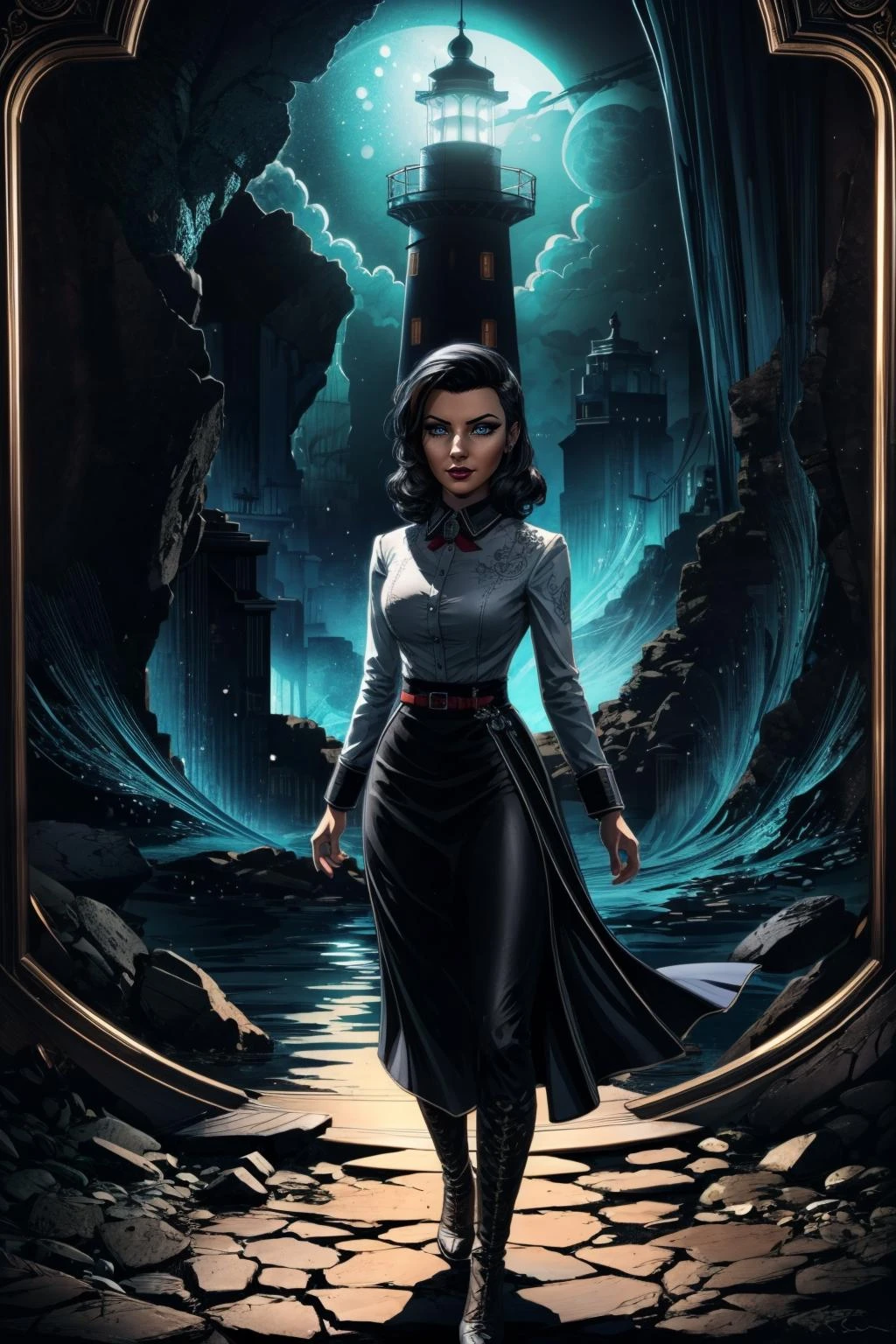 <lora:elizabeth-09:0.6>, aesthetics, ink art, funky, ultra detailed, detailed background, colourful, intricate details, full body, lizoldBS_soul3142, 1girl, lipstick, blue eyes, eyeshadow, lighthouse, <lora:add_detail:0.5> <lora:LowRA:0.6>