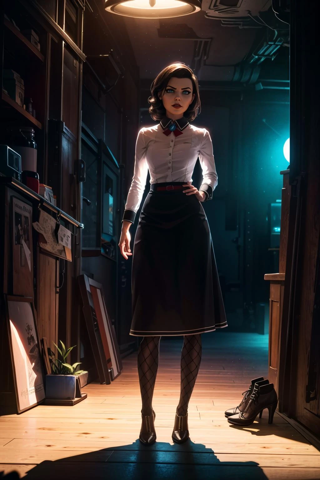 <lora:elizabeth-09:0.6>, lizoldBS_soul3142,1girl, lipstick, shirt, skirt, fishnets, high heels, vibrant color scheme, high detail, great lighting, 8k resolution, masterpiece, concept art, illustration, clear eyes, soft lighting, soft details,