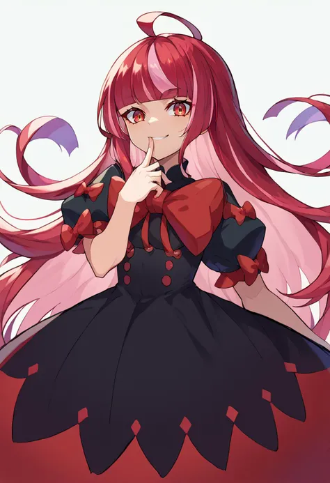 solo, smile, finger to mouth,  <lora:hololive_kureijiollie_ponyXL:1> kureijiolivia, long hair, multicolored hair, red hair, pink hair, blunt bangs, ahoge, red eyes, black dress, red bow, puffy short sleeves, <lora:Tonami_Kanji_Style_Pony_XL:0.9>, score_9, score_8_up, score_7_up, source_anime,