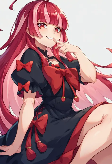 solo, smile, finger to mouth,  <lora:ho****ve_kureijiollie_ponyXL:1> kureijiolivia, long hair, multicolored hair, red hair, pink hair, blunt bangs, ahoge, red eyes, black dress, red bow, puffy short sleeves, score_9, score_8_up, score_7_up, source_anime,