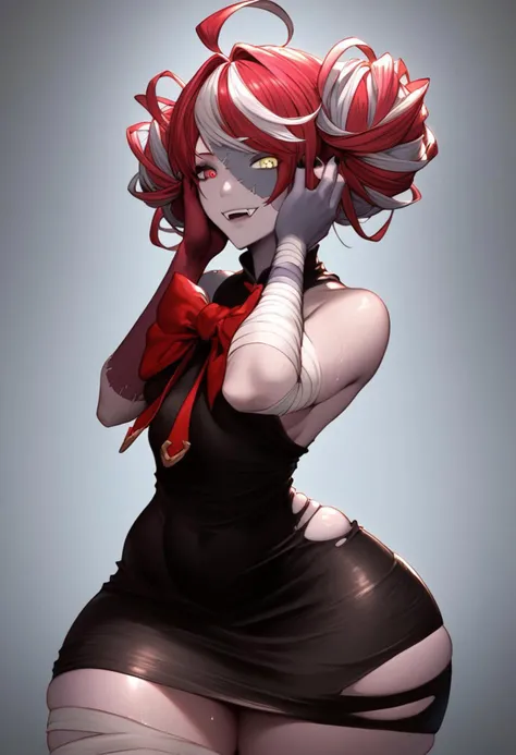score_9, score_8_up, score_8_up,raw, realistic, photo, 1girl,l, a mischievous posing, ((nsfw)), sexy 20yo , , , sweaty skin, shiny skin, volumetric lighting, g0thicPXL, glowing,, girl_standing_behind_gravestone_leaning_on_gravestone, skindentation, detailed rainy storm night lightning graveyard background, (((((wide hips))))), (((thick thighs))), small breasts, venus body, hourglass body, long_torso, narrow_waist, narrow_shoulders, (smug expression), side view, kureiji1st, zombie, two-tone skin, patchwork skin, stitches, stitched face, stitched arm, fangs, multicolored hair, red hair, pink hair, white hair, grey hair, blunt ends, ahoge, double bun, hair bow, black bow, heterochromia, red eyes, yellow eyes, mismatched pupils, diamond-shaped pupils, x-shaped pupils, torn clothes, black dress, torn dress, red bow, bandages, bandaged arm, black nails, bandaged leg, bare shoulders, (colored skin), granblue, granblue_fantasy_style_xl, Expressiveh, (yandere trance, hands on own face)