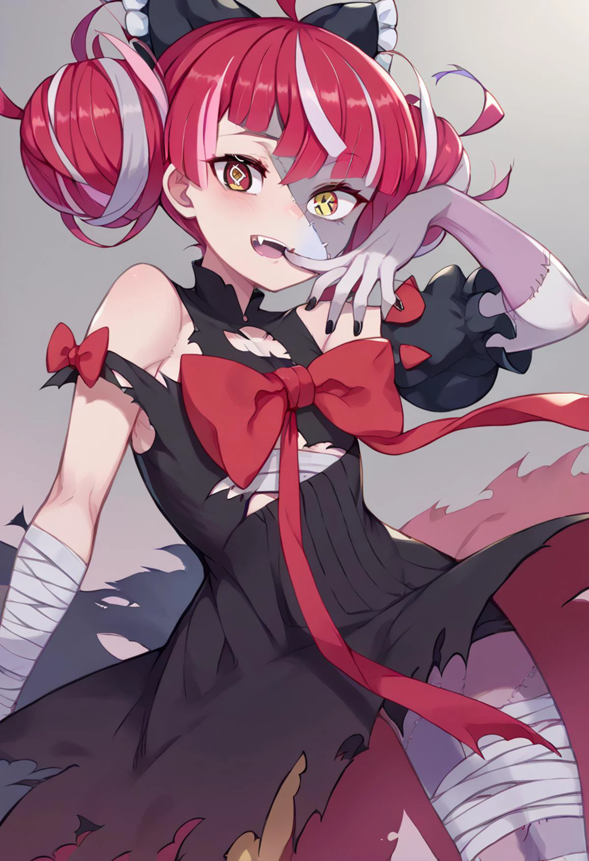 solo, smile, finger to mouth, <lora:hololive_kureijiollie_ponyXL:1> kureiji1st, zombie, two-tone skin, patchwork skin, stitches, stitched face, stitched arm, fangs, multicolored hair, red hair, pink hair, white hair, grey hair, blunt ends, ahoge, double bun, hair bow, black bow, heterochromia, red eyes, yellow eyes, mismatched pupils, diamond-shaped pupils, x-shaped pupils, torn clothes, black dress, torn dress, red bow, bandages, bandaged arm, black nails, bandaged leg, bare shoulders, <lora:kuroboshi_kouhaku_PonyXL_style_v01:1>, score_9, score_8_up, score_7_up, source_anime,