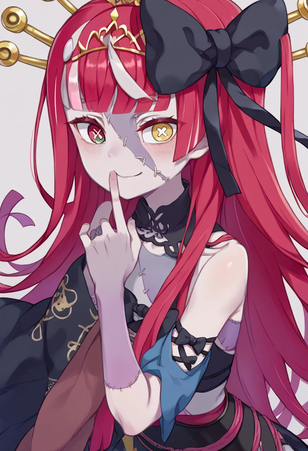 solo, smile, finger to mouth, <lora:hololive_kureijiollie_ponyXL:1> kureiji2nd, zombie, two-tone skin, patchwork skin, stitches, stitched face, stitched arm, multicolored hair, red hair, pink hair, white hair, grey hair, blunt ends, hair bow, black bow, tiara, heterochromia, red eyes, yellow eyes, mismatched pupils, diamond-shaped pupils, x-shaped pupils, indonesian clothes, bare shoulders <lora:kuroboshi_kouhaku_PonyXL_style_v01:1>, score_9, score_8_up, score_7_up, source_anime,