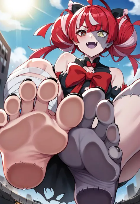 score_9, score_8_up, score_7_up, source_anime, macro, giantess, 
1girl, laughing, steamy, sweaty, sweat droplets, giantess, barefoot,( destruction:1.3), crushing,( stinky feet:1.3), colossal, depth of field. (extreme low angle pov:1.5),  looking down, from below, low angle:1.4), 
imminent stomp,under_toes, feet, toes, sole, one raised leg, toe press, 
kureiji1st, zombie, two-tone skin, patchwork skin, stitches, stitched face, stitched arm, fangs, multicolored hair, red hair, pink hair, white hair, grey hair, blunt ends, ahoge, double bun, hair bow, black bow, heterochromia, red eyes, yellow eyes, mismatched pupils, diamond-shaped pupils, x-shaped pupils, torn clothes, black dress, torn dress, red bow, bandages, bandaged arm, black nails, bandaged leg, bare shoulders, (foot focus:1.4), press against glass, squishing tiny woman against foot,