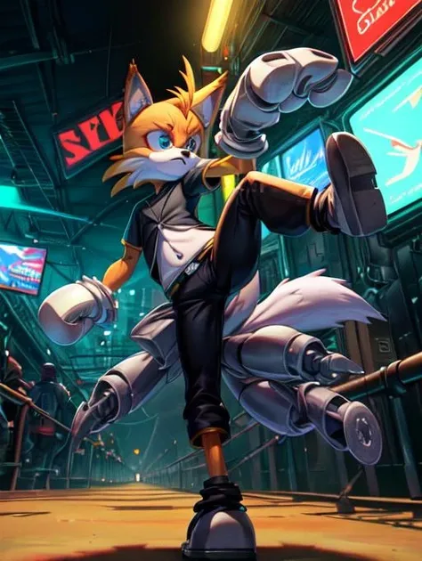 best quality, masterpiece, highres, detailed, digital artwork, <lora:Detail - add_detail:0.2>, <lora:Character - TailsNine:1.0>, TailsNine, mechanical appendages, sci-fi city, black shirt, black pants, male furry, neon lights, tails, throwing a punch,
