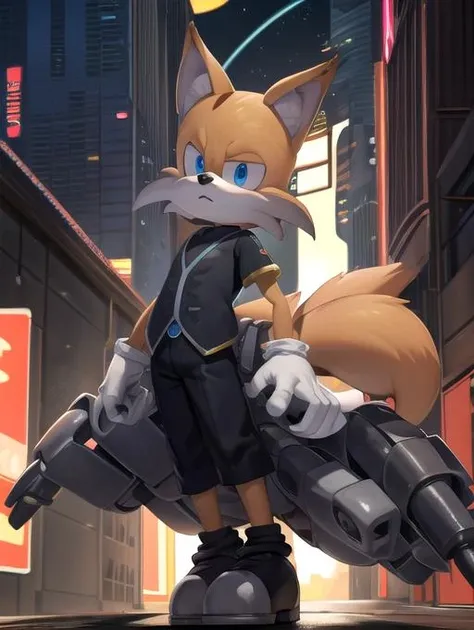 best quality, masterpiece, highres, detailed, digital artwork, <lora:Detail - add_detail:0.2>, TailsNine, <lora:TailsNine-10:0.9>, furry boy, black shirt, mechanical tail, mechanical arms, white gloves, sci-fi city,