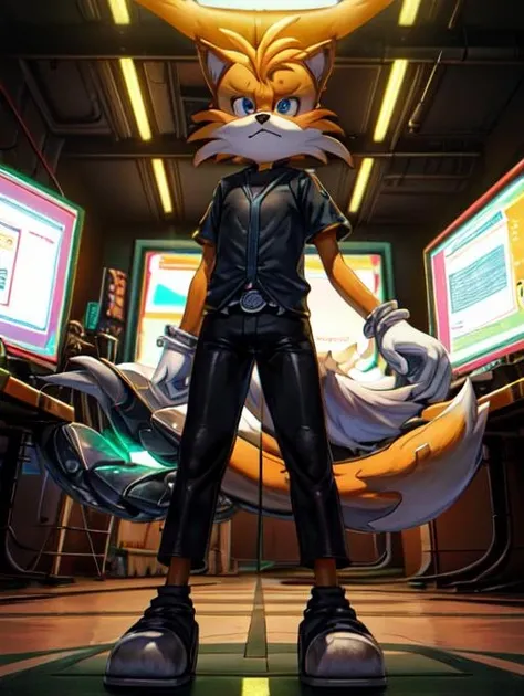 best quality, masterpiece, highres, detailed, digital artwork, <lora:Detail - add_detail:0.2>,  <lora:Character - TailsNine:1.0>, TailsNine, mechanical appendages, sci-fi city, black shirt, black pants, male furry, neon lights, tails, working at computer,