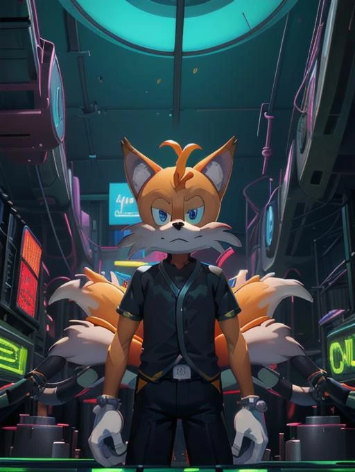 best quality, masterpiece, highres, detailed, digital artwork, <lora:Detail - add_detail:0.2>, <lora:Character - TailsNine:1.0>, TailsNine, mechanical appendages, sci-fi city, black shirt, black pants, male furry, neon lights, tails, fixing a machine, upper body,
