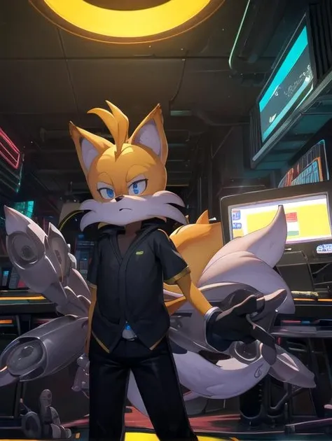 best quality, masterpiece, highres, detailed, digital artwork, <lora:Detail - add_detail:0.2>, <lora:Character - TailsNine:1.0>, TailsNine, mechanical appendages, sci-fi city, black shirt, black pants, male furry, neon lights, tails, working at computer,
