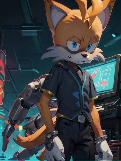 best quality, masterpiece, highres, detailed, digital artwork, <lora:Detail - add_detail:0.2>, <lora:Character - TailsNine:1.0>, TailsNine, mechanical appendages, sci-fi city, black shirt, black pants, male furry, neon lights, tails, fixing a machine, upper body,