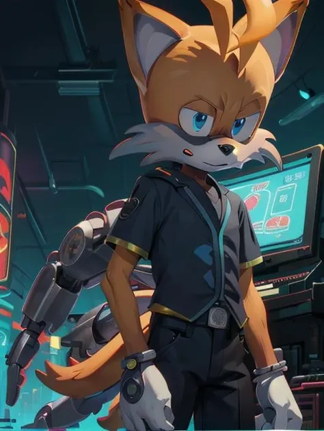 best quality, masterpiece, highres, detailed, digital artwork, <lora:Detail - add_detail:0.2>,  <lora:Character - TailsNine:1.0>, TailsNine, mechanical appendages, sci-fi city, black shirt, black pants, male furry, neon lights, tails, fixing a machine, upper body,