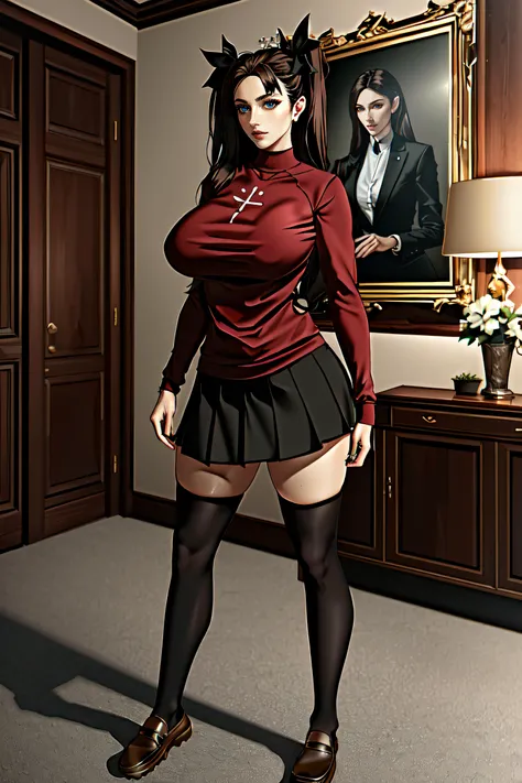 (masterpiece, best quality, ultra detailed, absurdres)1.5, 1girl, (, beautiful woman, perfect face, perfect eyes, perfect female body, )1.5, (tohsaka_rin_alt, red_sweater, black_skirt, black_thighhighs, loafers, long hair, brown hair, twintails, black hair ribbons, <lora:tohsaka_rin_altV2:0.7>), (standing, modern mansion), perfect lighting, smooth, hdr