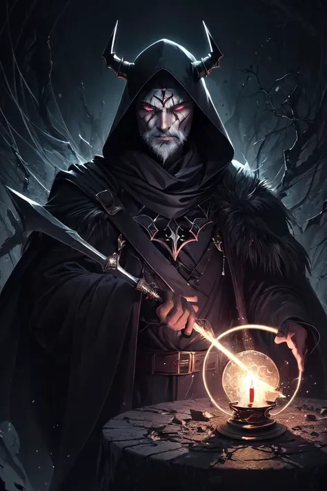 (best quality, masterpiece:1.2), (1man, wrinkled face, old italian male:1.2), frail, purple eyes, platinum blonde hair, long beard, Style-GravityMagic, portrait, (bloody scars:0.7), looking down, solo, (full body:0.6), dynamic pose, detailed background, (<lora:MagicalCircle_Sora:0.5>, mantra, glowing, magical circle theme:1.1) glowing eyes, frozen monarch of death, corrupted, runny makeup, dark clouds, casting a spell, hex, hooded tattered armor made of bone, wielding cursed orb of the dark lord, satanic horns, abandoned ruins, ominous atmosphere,, bringer of the false light, spiders, spiderwebs, floating dark crystals, dark aura, eternal night, candles, skull symbols,