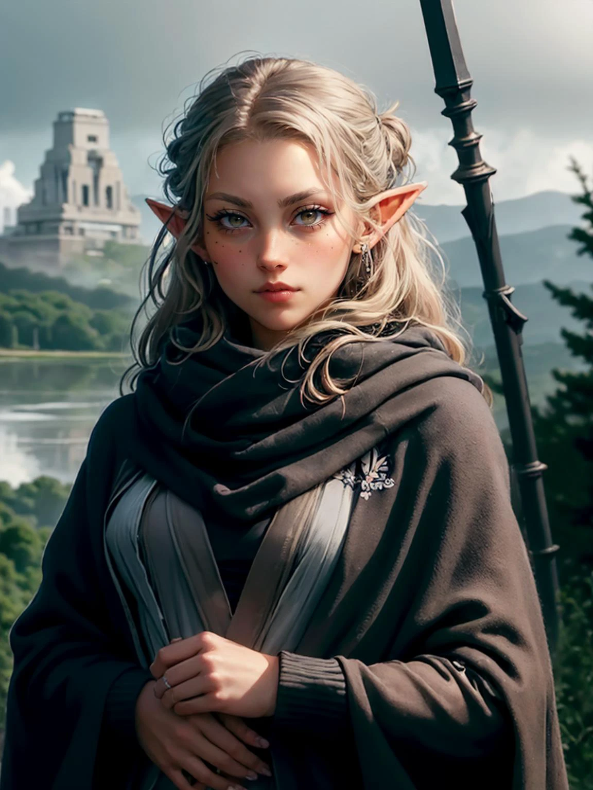 best quality, masterpiece, jp-j3c 1girl, focus on character, solo, (style-gravitymagic:0.8), solo, upper body, detailed face,<lora:OrkStyleAISD15:0.6>, OrkstyleAI theme,rune harbinger,(arrogant superiority,:1.05),crossing arms confidently,black outfit,shawl,carrying elven-forged flail of serenity,shrouded in arcane tempests,arcane sigils,luminescent accents,gray color scheme,(simple dark red background:1.0), <lora:detail_slider_v4:2