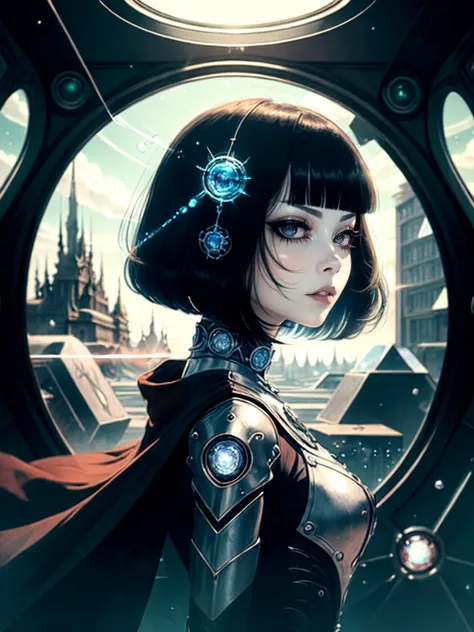 best quality, masterpiece, jp-GG1-800 1girl, solo, from front, front view, upper body, looking at viewer, detailed background, detailed face, (<lora:1970RetroFuturism:0.6>, 1970retrofuturism, 1970s theme:1.1), intense expression, dynamic pose, glass-cyborg, (made of glass:1.1), translucent, glass construct, titan, crystal armor, arcane, power source, magical symbols, mystic power, floating particles, reflections, wind, battlefield in background, cinematic atmosphere, <lora:detail_slider_v4:2