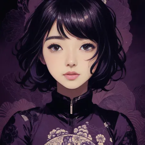 (style of Yuko Shimizu:1.2), abstract art, purple theme, dark theme, 1girl, masterpiece, best quality, ultra high res trending on artstation