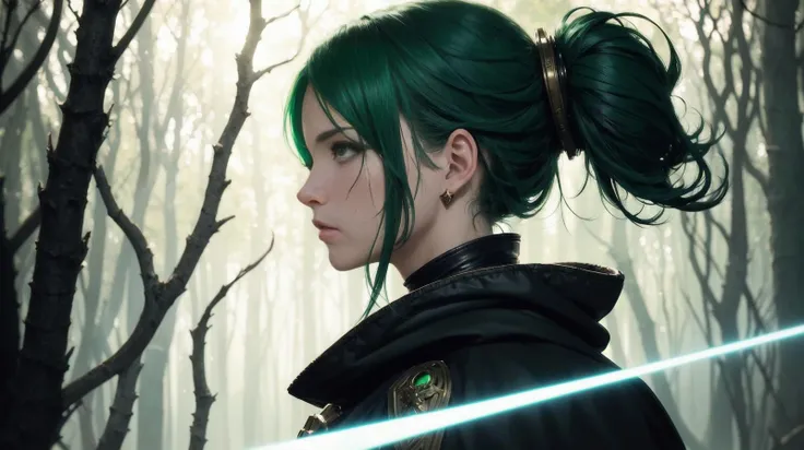 cinematic back portrait rugged girl, adventurer outfit large cloak, fantasy forest landscape, supervillain sorceress witch, fantasy magic, undercut hairstyle, neon green hair emitting light, dark light night, intricate, elegant, sharp focus, illustration, highly detailed, digital painting, concept art, matte, art by WLOP and Artgerm and Greg Rutkowski and Alphonse Mucha, masterpiece