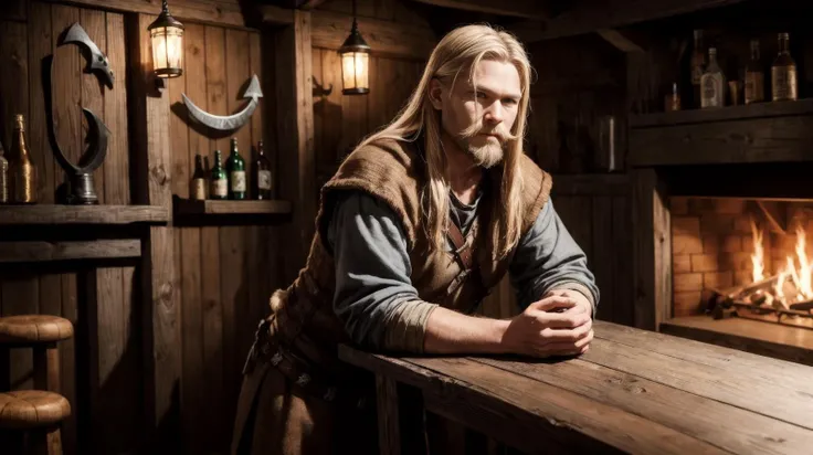 solo, (full body:0.6), looking at viewer, detailed background, detailed face, (<lora:CulturePunkBundle:0.6>, vikingpunkai, norse viking theme:1.1) barkeep, simple light brown clothes, cozy rustic tavern interior in background, worn out wooden furniture, mold, wall-decorations, hearth, beverage, tap, fantasy atmosphere, <lora:add_detail:.8>, oct