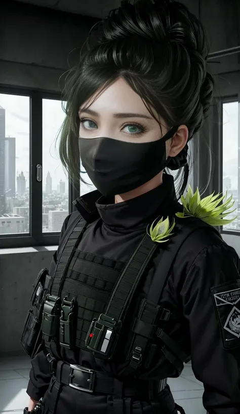 mirror's edge, (((faith))), 1girl, fantasy,  indoors, corruption, photo, film grain, simple background, pov,  hair flower, nervous smile, ((black and white tactical clothing:.8)), pov,  ((black facemask))
, <lora:urbansamuraiv3testing:.3>, modern facility in background, black kneepads, white utility cargo jeans, tactical gear, walkie talkie on vest, ((green eyes)), black and silver belt, <lora:Loraeyes_V1:.8>