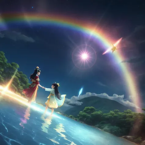 Celestials beings moving towards sky from rainbow rain water planet, magical realism, dreamy vibe
