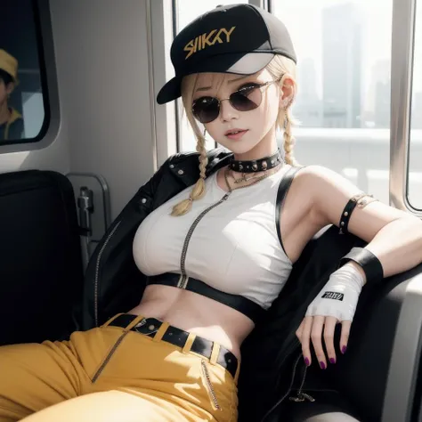 MASKING, 1girl, solo, looking at viewer, smile, short hair, blonde hair, gloves, hat, jewelry, sitting, jacket, yellow eyes, ass, braid, earrings, midriff, pants, fingerless gloves, nail polish, crop top, night, ground vehicle, motor vehicle, cropped jacket, motorcycle, drumsticks shima rin, shirt, single earring, sleeveless, spiked hair, stud earrings, sunglasses, tohoyuukarin, train, twin braids, white shirt, yurucamphei, zzzzky, zipper pull tabard, zipper pull tabard, zipper pull tabard, zoom layer, zoom mask, zipper pull tabard, zipper pull tabard, zipper pull tabard