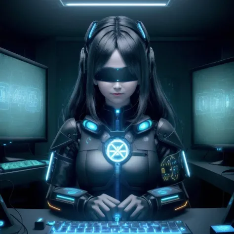 signalis, girl plugged up into machines, biomechanical machinery, the matrix, plugging into the matrix, (best quality), (ultra-detailed), (best illustration), (best shadow), masterpiece, high res, (solo, 1girl), gold filigree head-mounted display, magical glowing head-mounted display, magical technology, fantasy, glowing blue runes, form fitting wizard clothes, glowing halos, eye piece with magical runes, <lora:add_detail:.6>, <lyco:UV_fluorescence:.2>, (((wide angle pov shot of dimly lit room full of electronics and computer monitors))), relaxed expression, ((cybernetic blindfold)), (low interior basement lighting) meme, asymmetrical wings